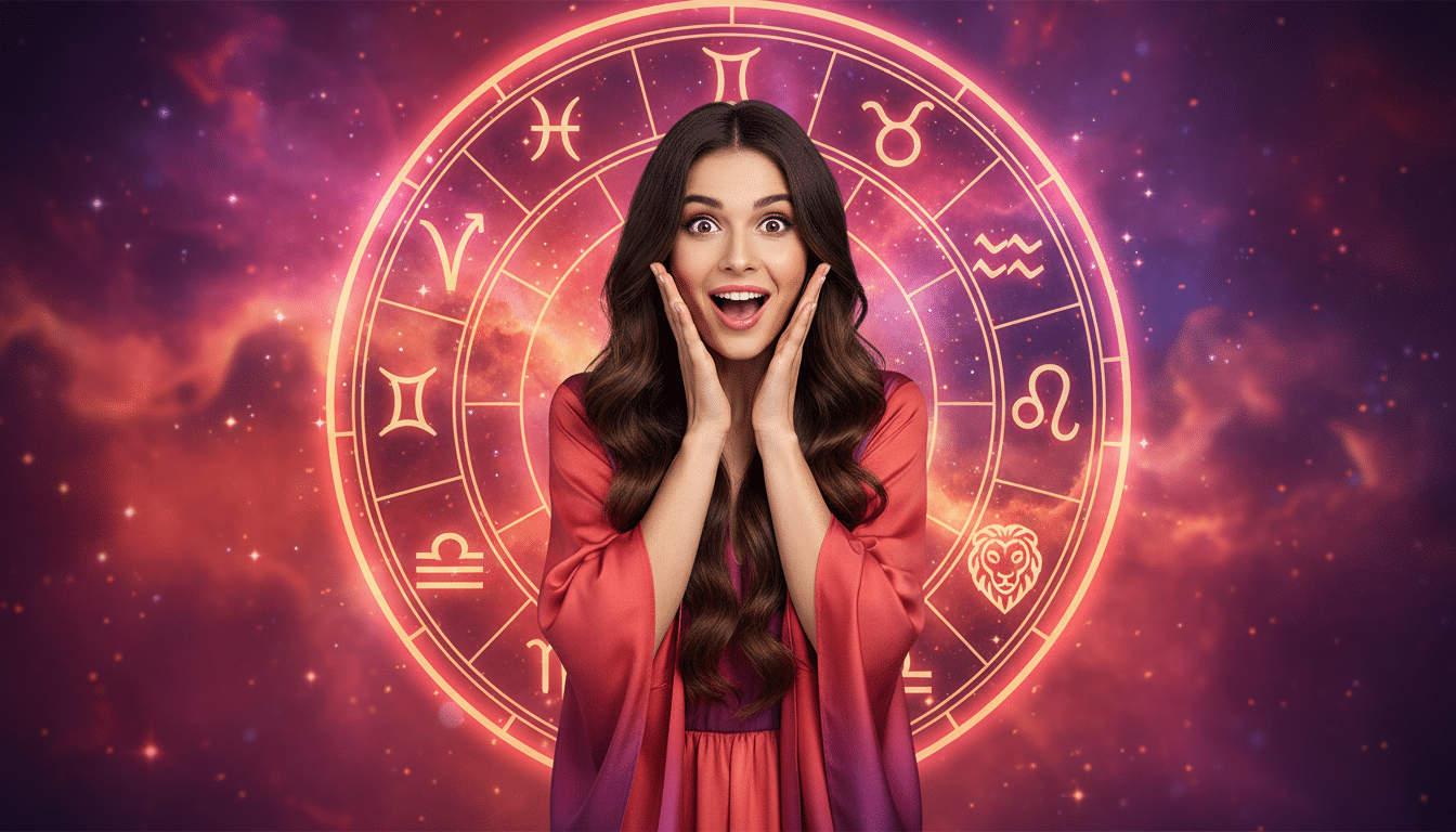 Editorial portrait photo of a young brunette woman with long hair, looking at camera with shocked an