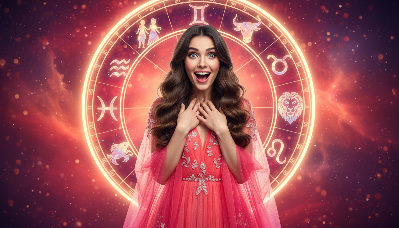 Editorial portrait photo of a young brunette woman with long hair, looking at camera with shocked an