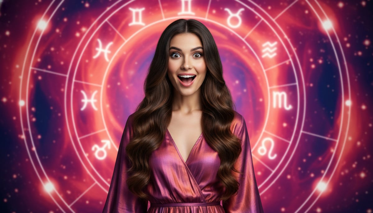 Editorial portrait photo of a young brunette woman with long hair, looking at camera with shocked an