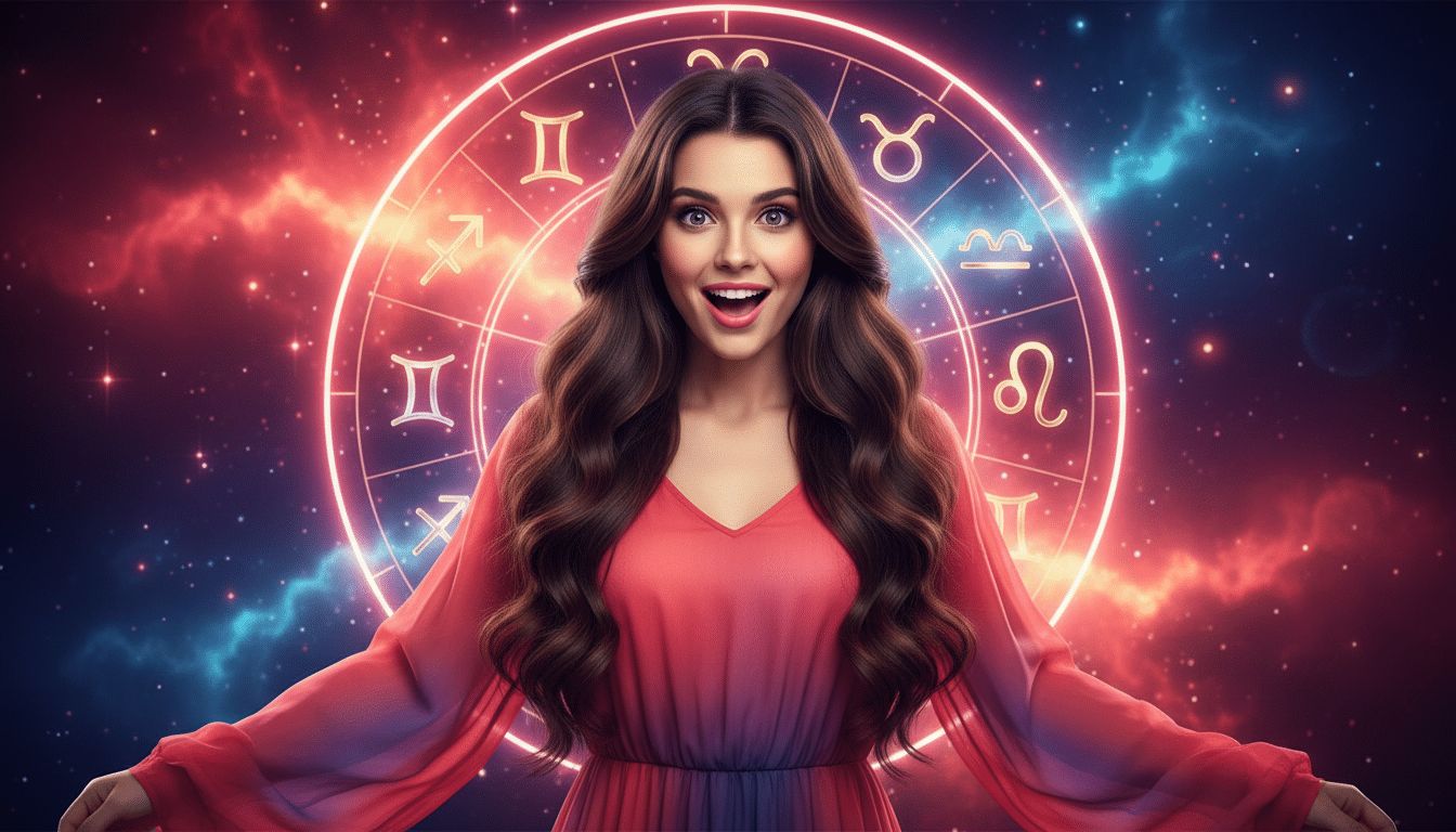 Editorial portrait photo of a young brunette woman with long hair, looking at camera with shocked an