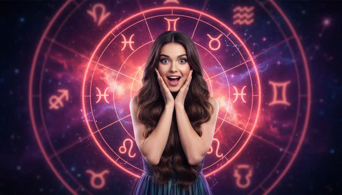 Editorial portrait photo of a young brunette woman with long hair, looking at camera with shocked an