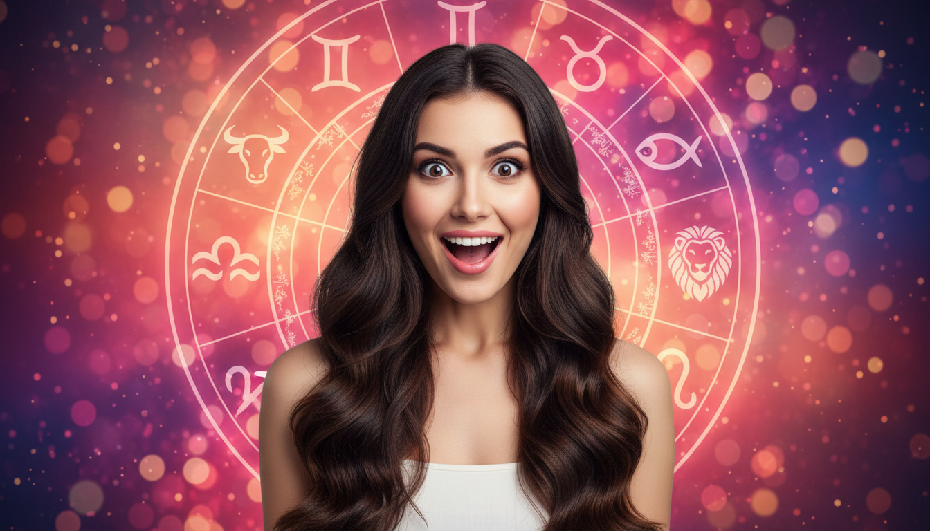 Editorial portrait photo of a young brunette woman with long hair, looking at camera with shocked an