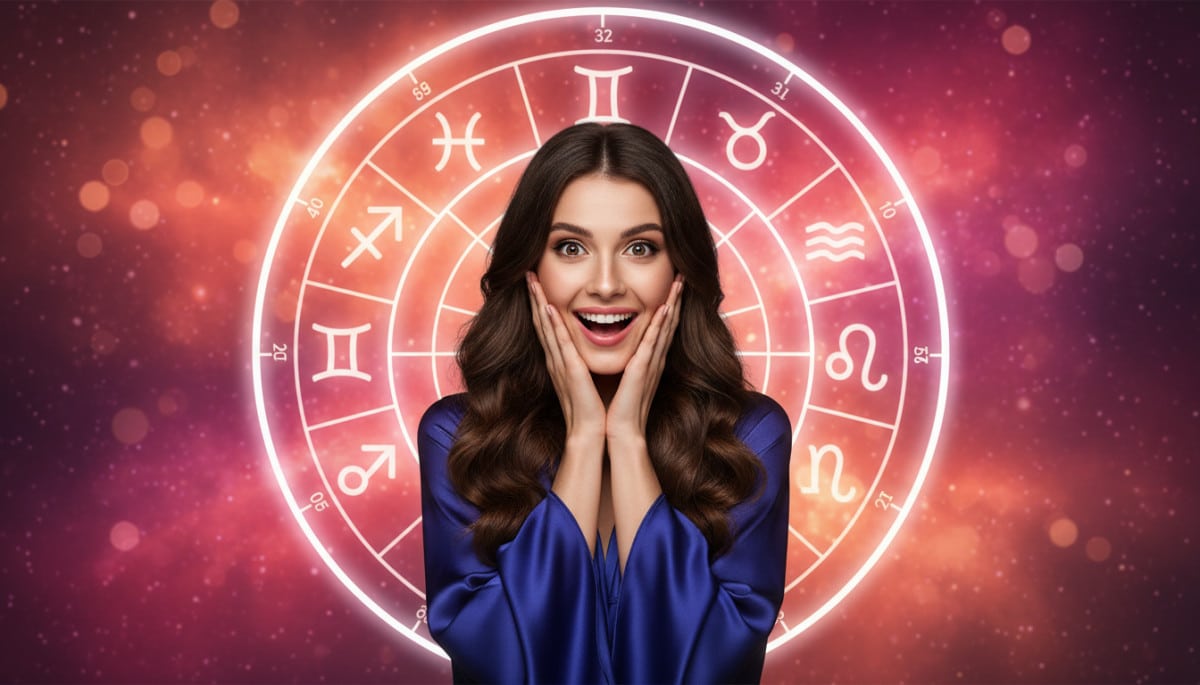 Editorial portrait photo of a young brunette woman with long hair, looking at camera with shocked an