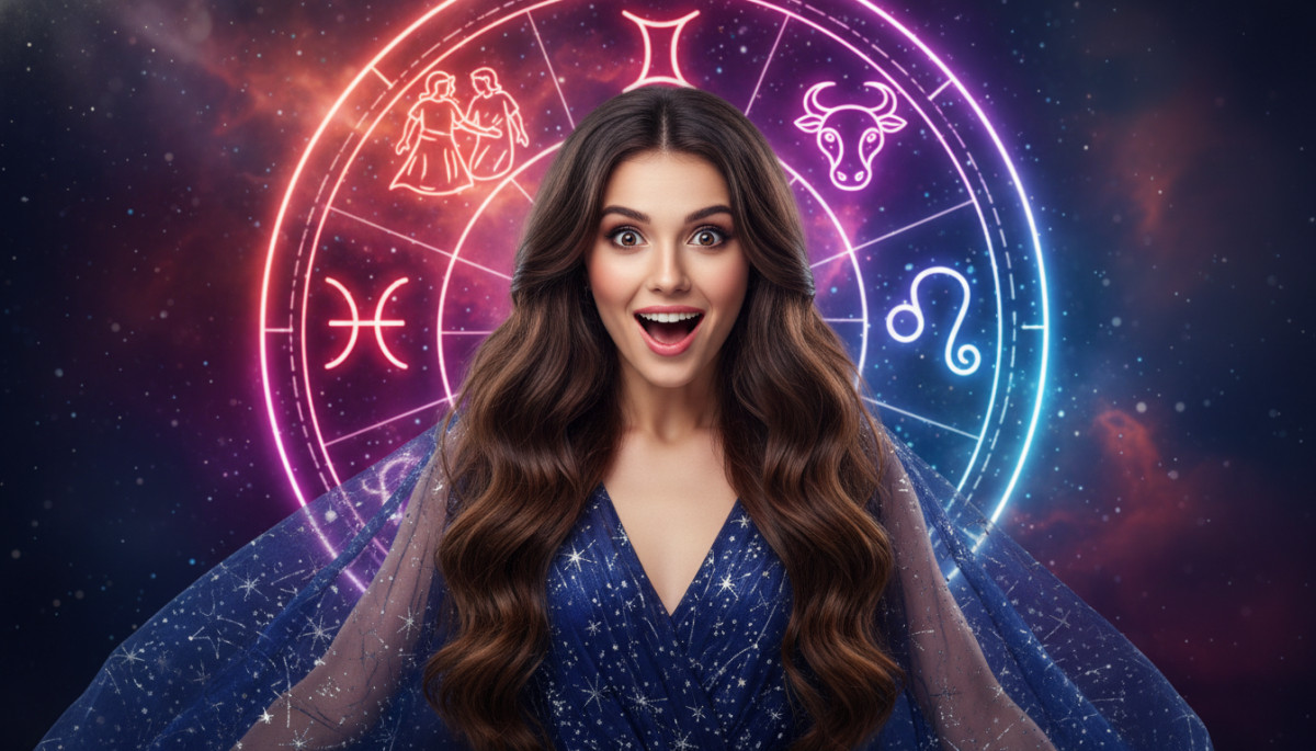 Editorial portrait photo of a young brunette woman with long hair, looking at camera with shocked an