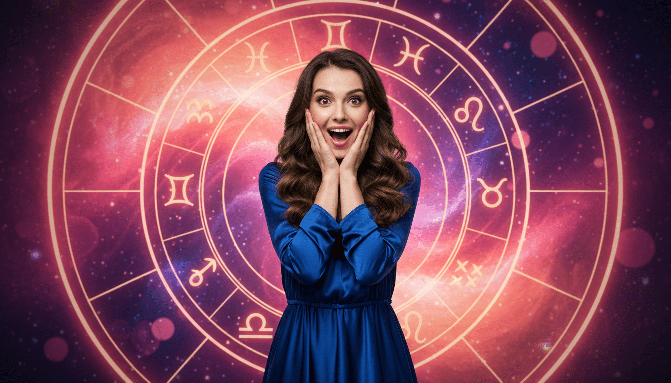 Editorial portrait photo of a young brunette woman with long hair, looking at camera with shocked an