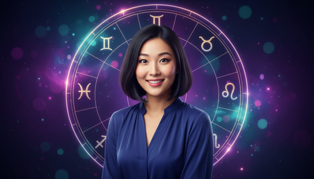 Editorial portrait photo of a young woman with dark bob haircut, looking at camera with joyful and a