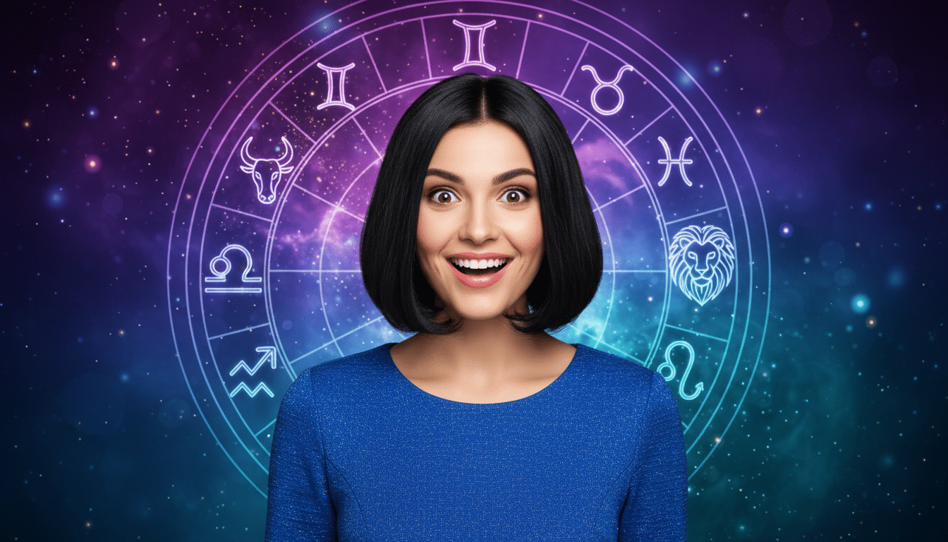 Editorial portrait photo of a young woman with dark bob haircut, looking at camera with joyful and a