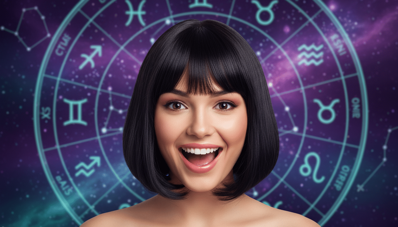 Editorial portrait photo of a young woman with dark bob haircut, looking at camera with joyful and a