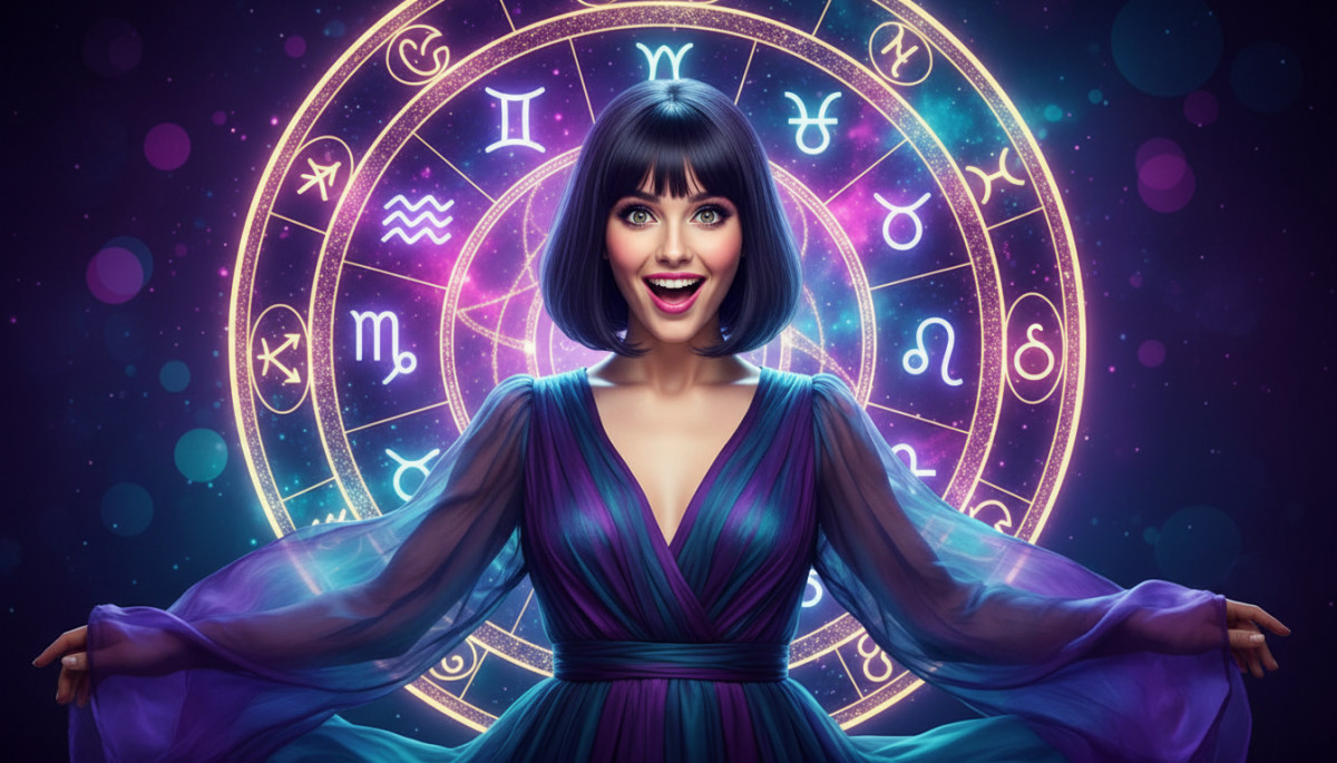 Editorial portrait photo of a young woman with dark bob haircut, looking at camera with joyful and a