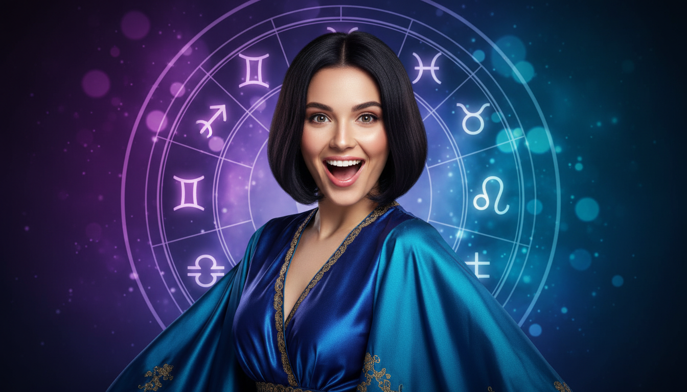 Editorial portrait photo of a young woman with dark bob haircut, looking at camera with joyful and a