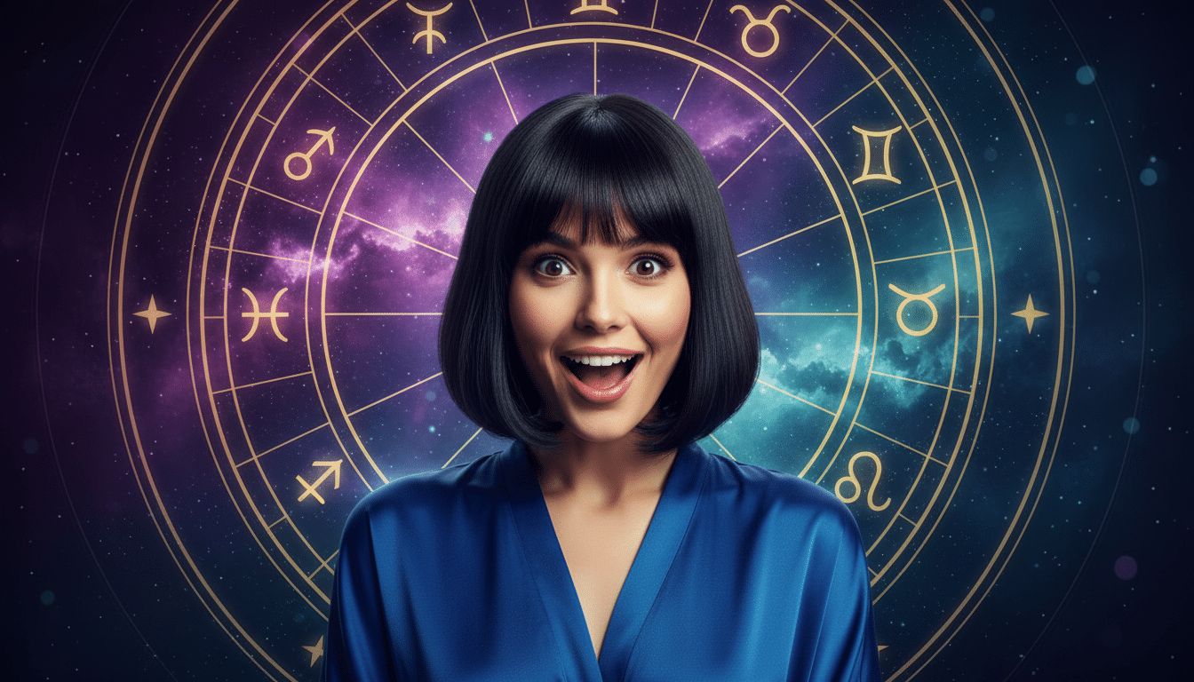 Editorial portrait photo of a young woman with dark bob haircut, looking at camera with joyful and a