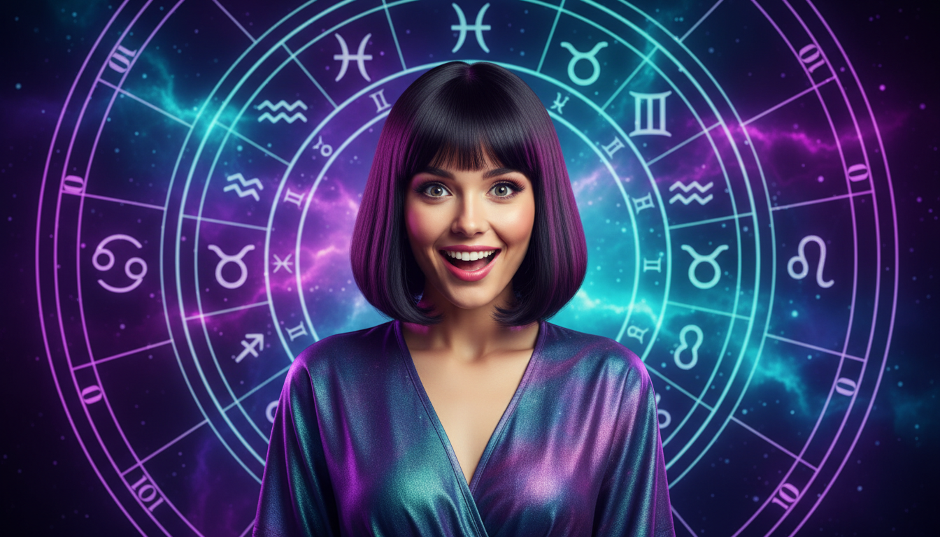 Editorial portrait photo of a young woman with dark bob haircut, looking at camera with joyful and a