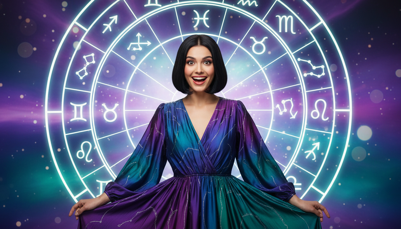 Editorial portrait photo of a young woman with dark bob haircut, looking at camera with joyful and a