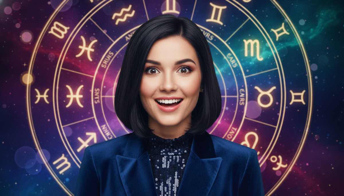 Editorial portrait photo of a young woman with dark bob haircut, looking at camera with joyful and a