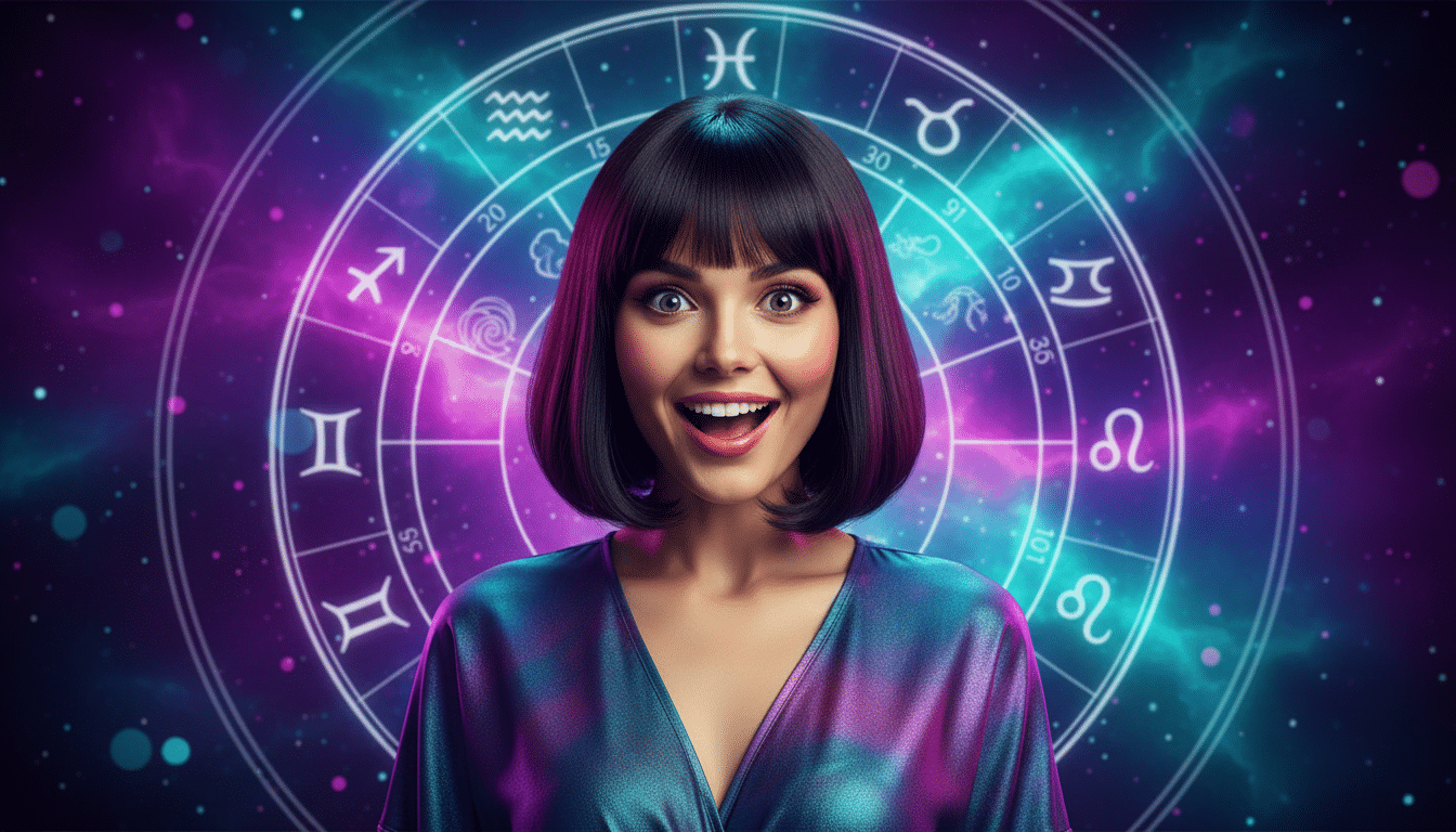 Editorial portrait photo of a young woman with dark bob haircut, looking at camera with joyful and a