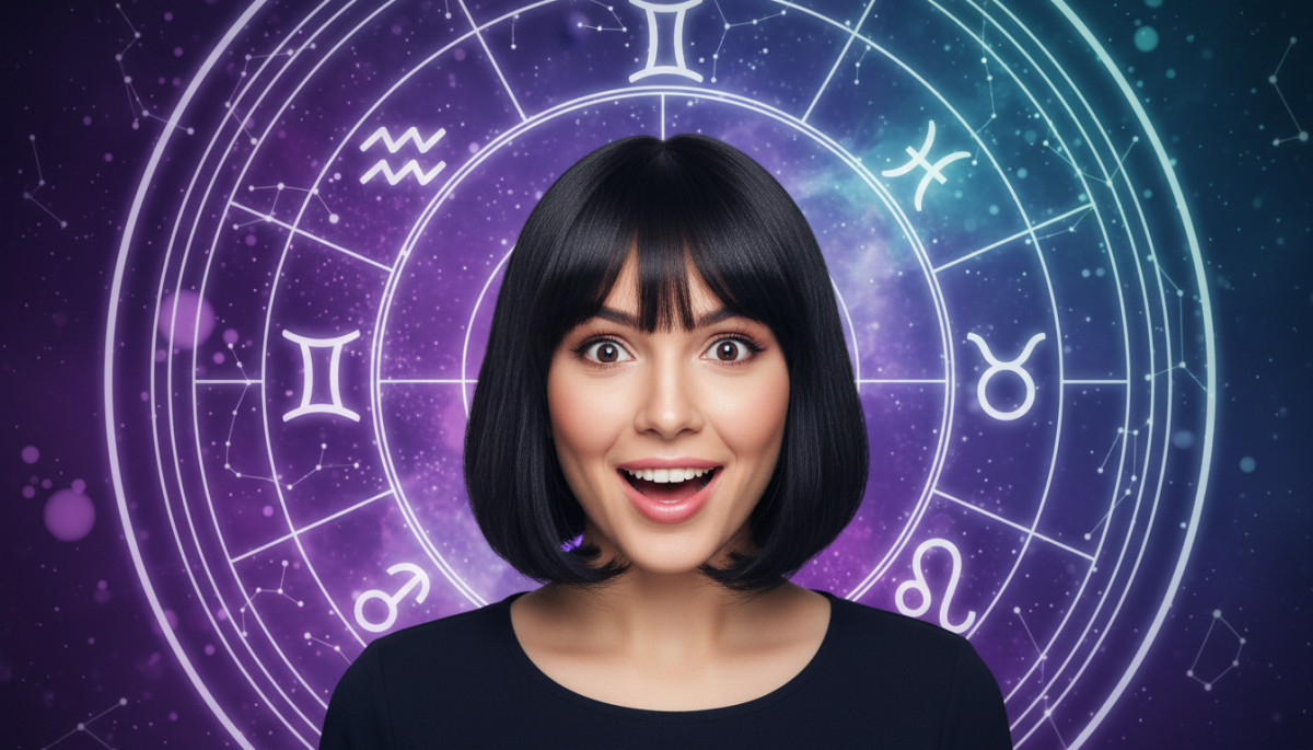 Editorial portrait photo of a young woman with dark bob haircut, looking at camera with joyful and a