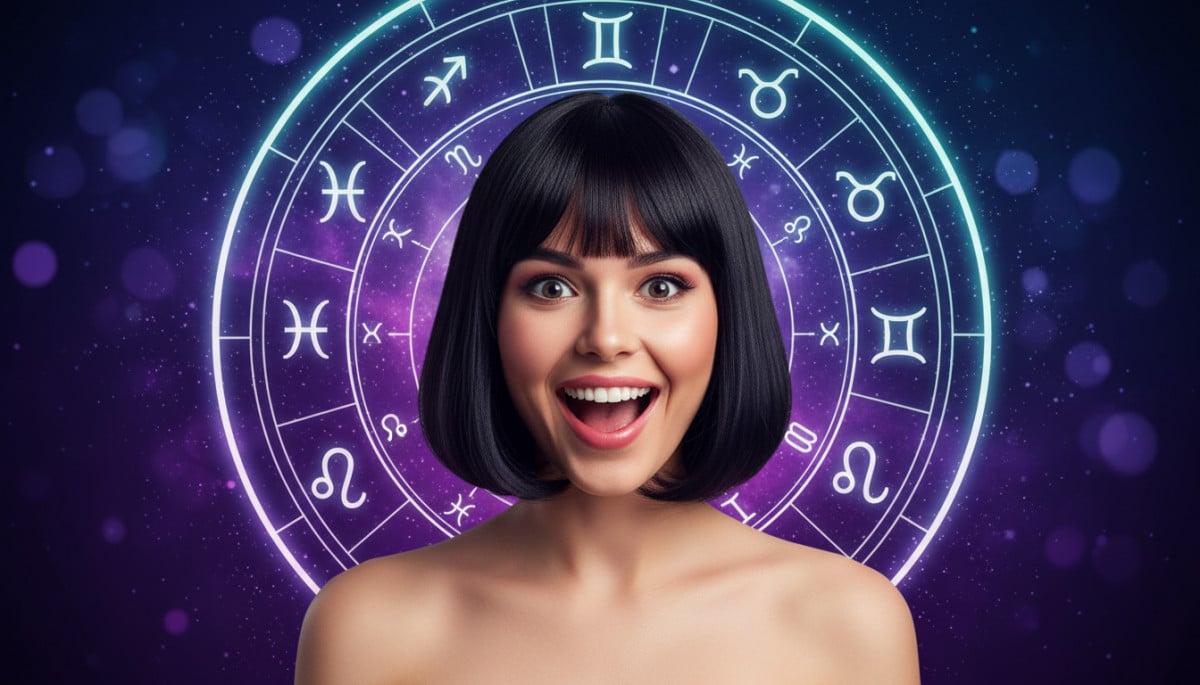 Editorial portrait photo of a young woman with dark bob haircut, looking at camera with joyful and a