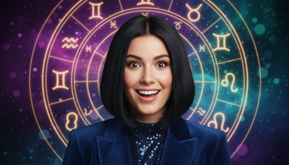 Editorial portrait photo of a young woman with dark bob haircut, looking at camera with joyful and a