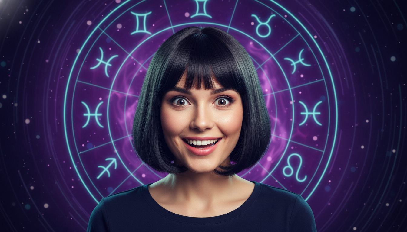 Editorial portrait photo of a young woman with dark bob haircut, looking at camera with joyful and a