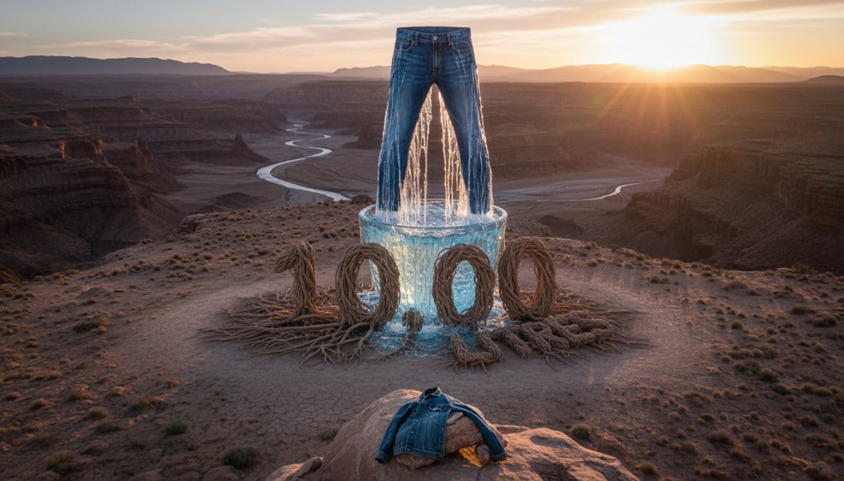 Editorial press photograph illustrating: 10 000 litres d'eau pour 1 jean : le chiffre qui va te fair
