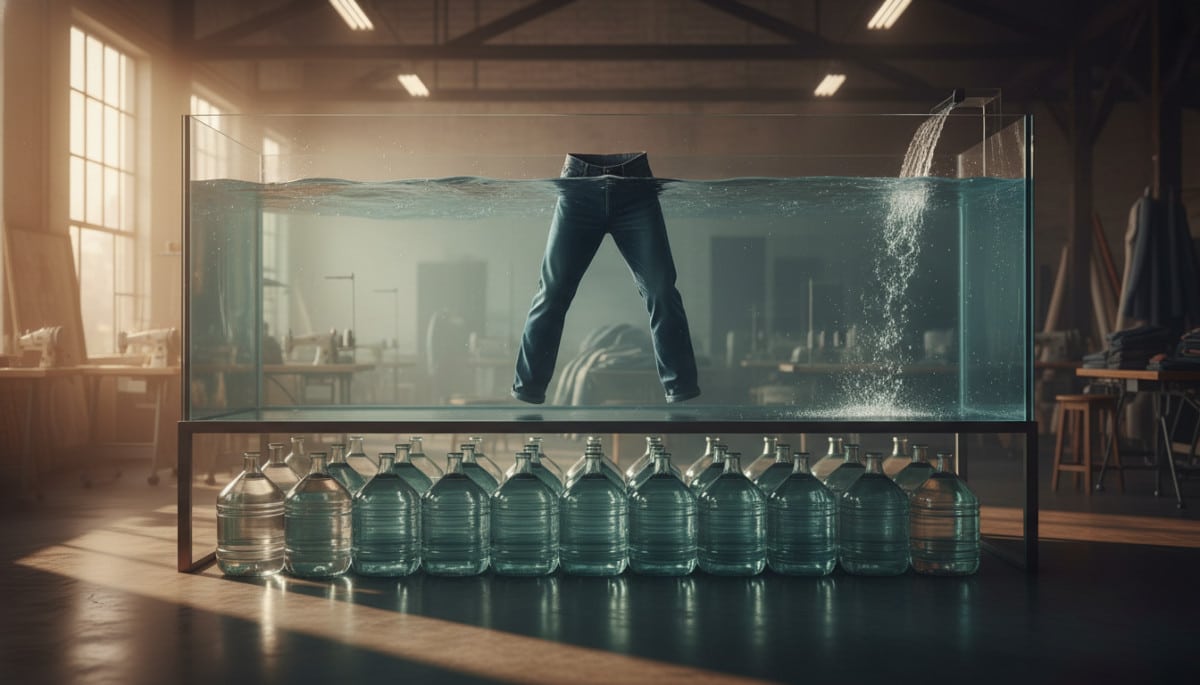 Editorial press photograph illustrating: 10 000 litres d'eau pour 1 jean : le chiffre qui va te fair