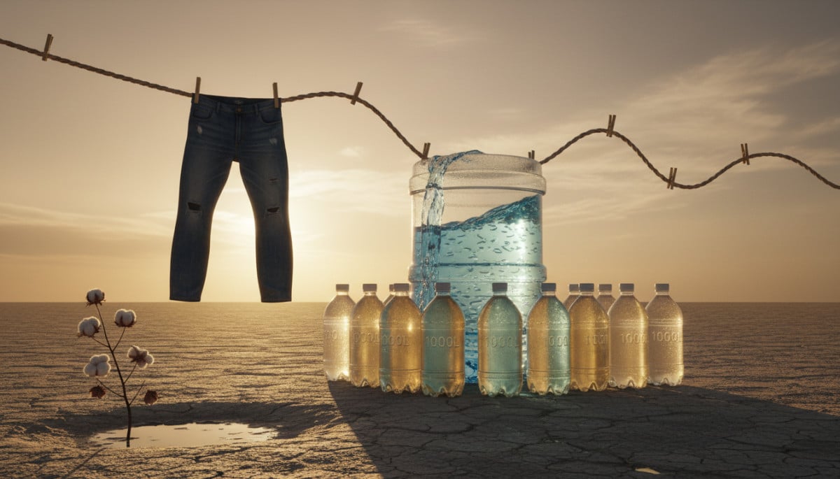 Editorial press photograph illustrating: 10 000 litres d'eau pour 1 jean : le chiffre qui va te fair