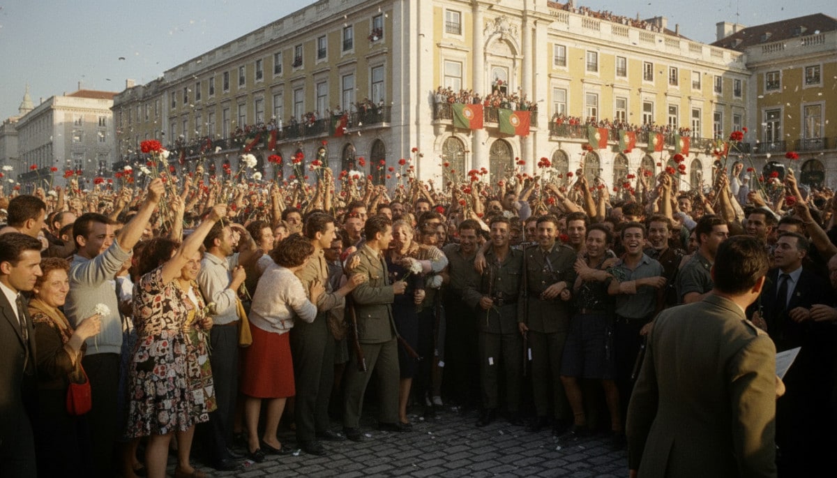 Editorial press photograph illustrating: 25 avril : la révolution qui a mis fin à 48 ans de dictatur