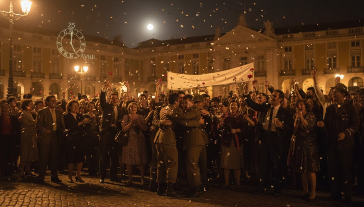 Editorial press photograph illustrating: 25 avril : la révolution qui a mis fin à 48 ans de dictatur