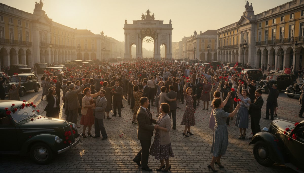 Editorial press photograph illustrating: 25 avril : la révolution qui a mis fin à 48 ans de dictatur