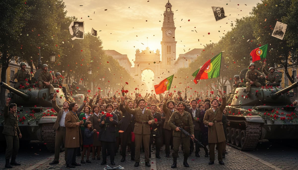 Editorial press photograph illustrating: 25 avril : la révolution qui a mis fin à 48 ans de dictatur