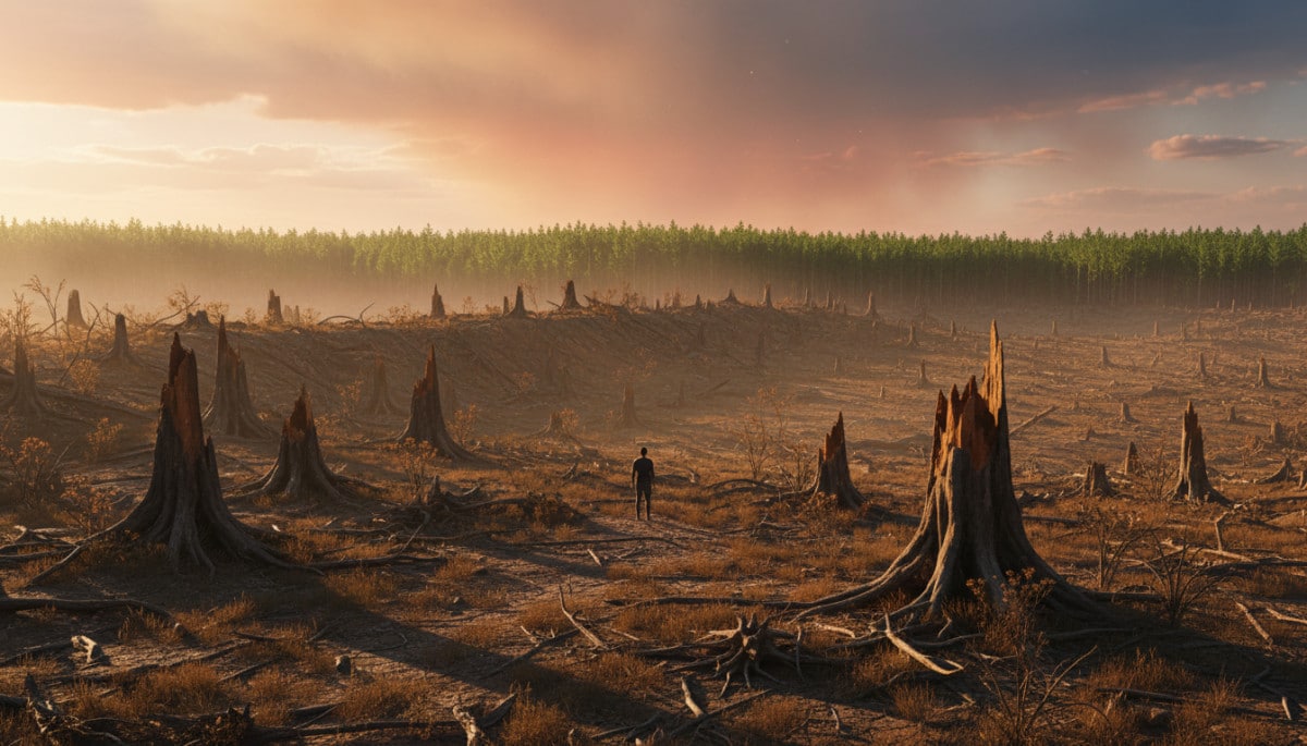 Editorial press photograph illustrating: 26 000 km² de forêts disparaissent chaque année : le chiffr