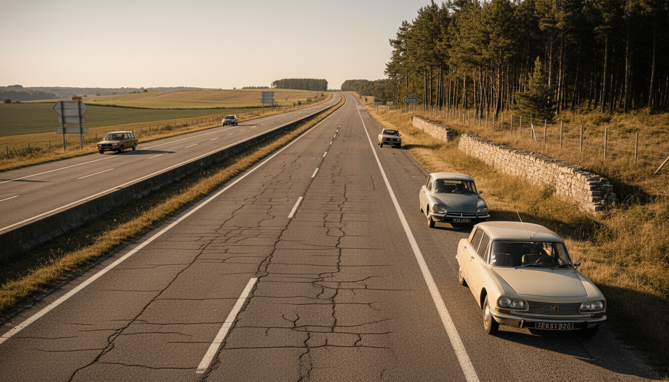 Editorial press photograph illustrating: Ces autoroutes françaises d'il y a 50 ans : un détail va vo