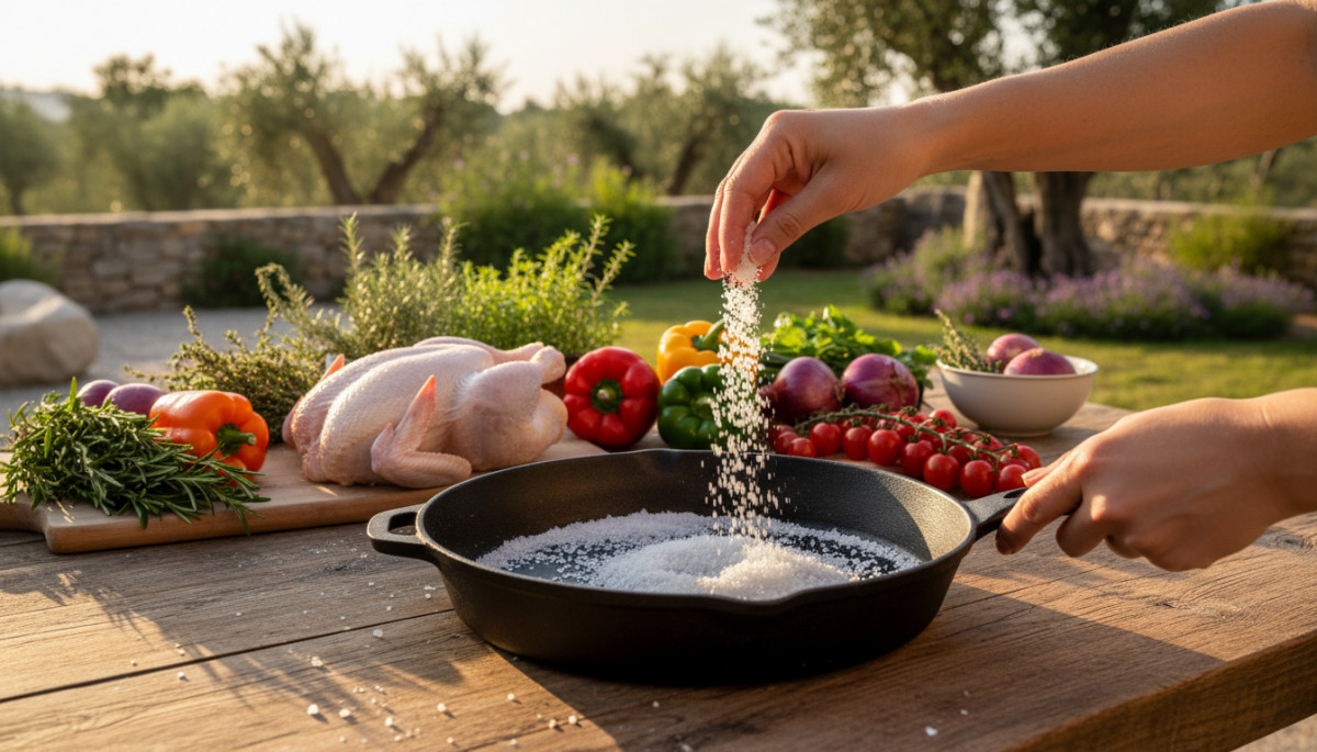 Editorial press photograph illustrating: Pose du gros sel dans le fond de ta poêle avant de cuire :