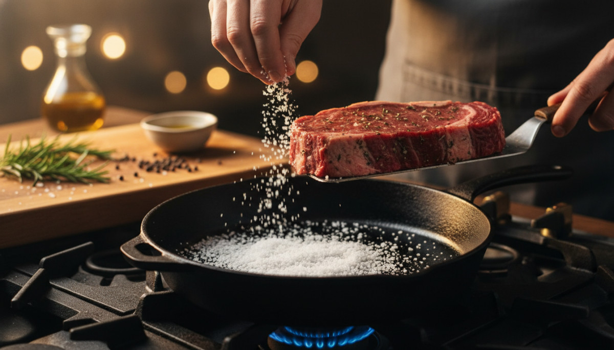 Editorial press photograph illustrating: Pose du gros sel dans le fond de ta poêle avant de cuire :