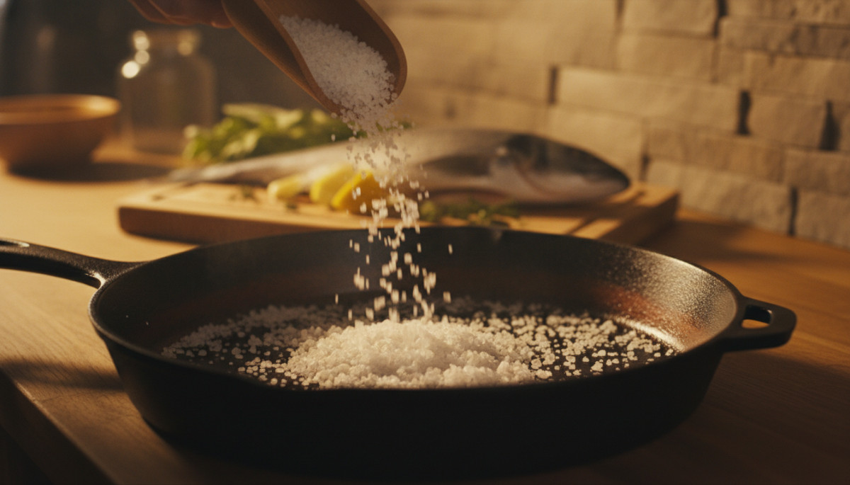 Editorial press photograph illustrating: Pose du gros sel dans le fond de ta poêle avant de cuire :