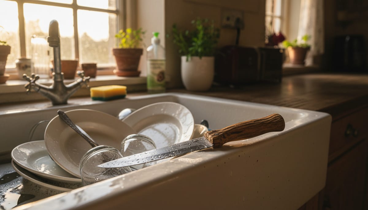 Editorial press photograph illustrating: Pose un couteau en bois sur le rebord de ton évier avant de