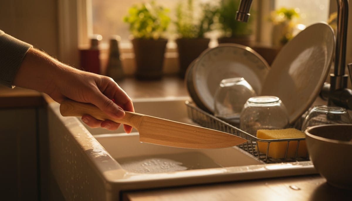 Editorial press photograph illustrating: Pose un couteau en bois sur le rebord de ton évier avant de