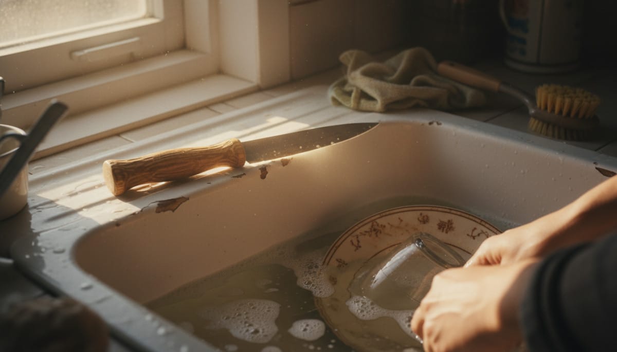 Editorial press photograph illustrating: Pose un couteau en bois sur le rebord de ton évier avant de