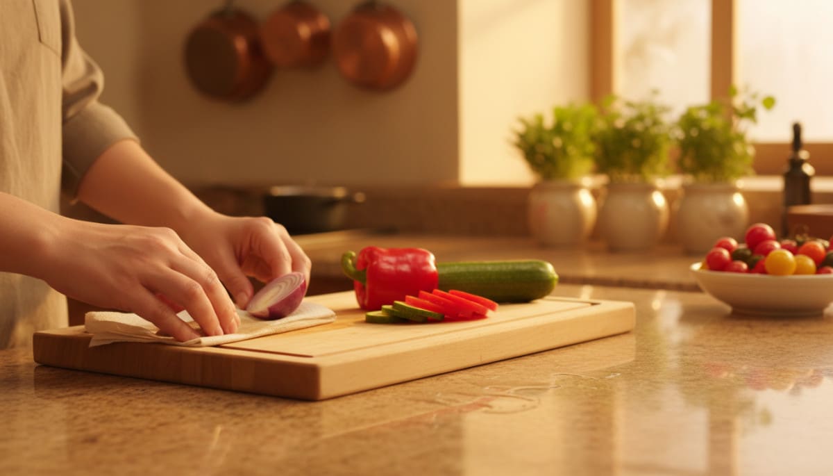 Editorial press photograph illustrating: Pose un essuie-tout humide sous ta planche à découper : ce