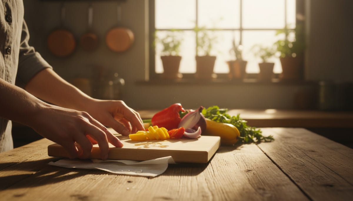 Editorial press photograph illustrating: Pose un essuie-tout humide sous ta planche à découper : ce