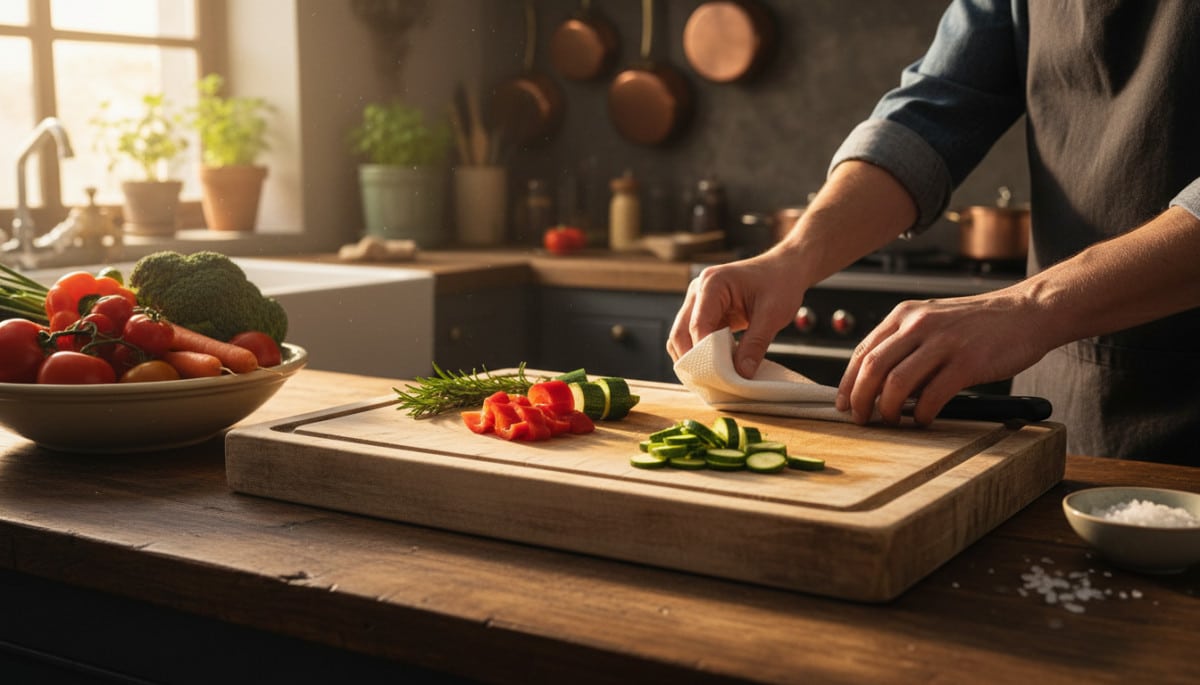 Editorial press photograph illustrating: Pose un essuie-tout humide sous ta planche à découper : ce
