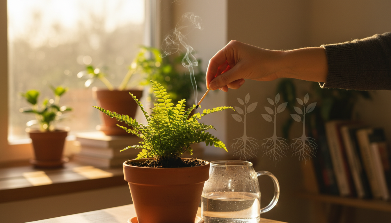 Editorial press photograph illustrating: Pose une allumette dans ton pot de fleurs avant d'arroser :