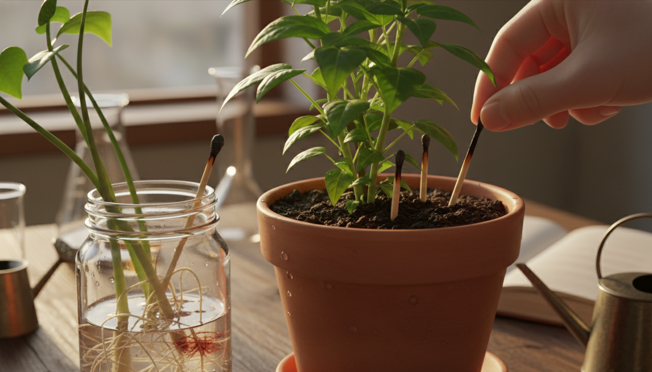 Editorial press photograph illustrating: Pose une allumette dans ton pot de fleurs avant d'arroser :