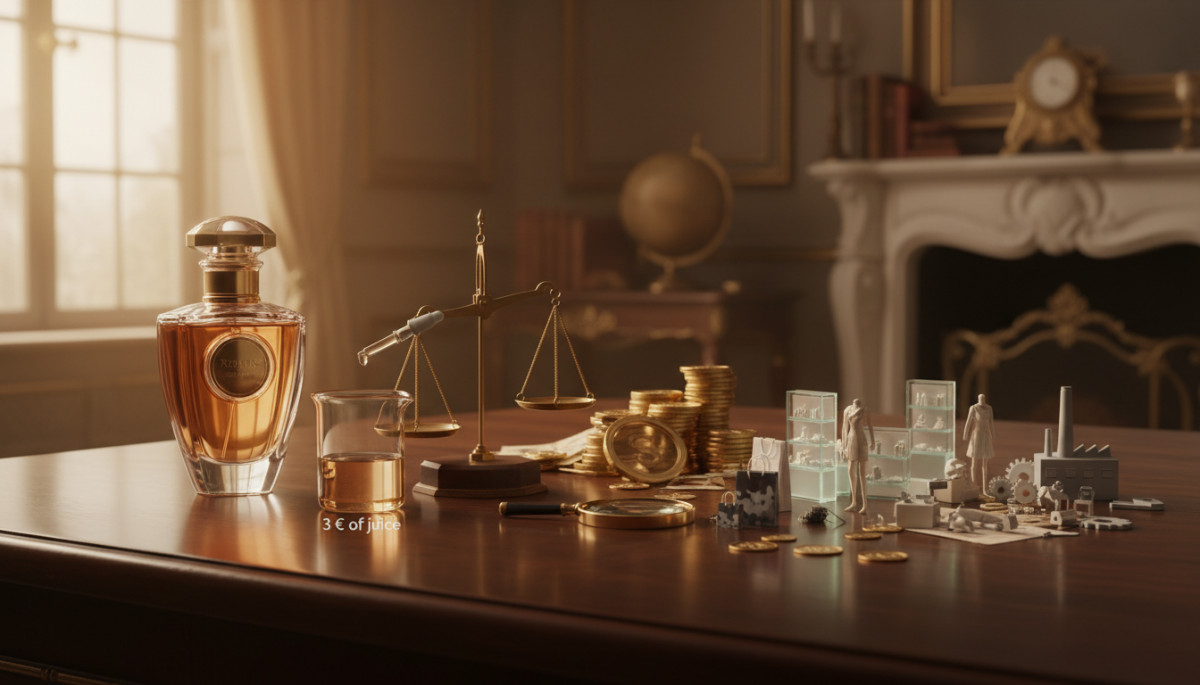 Editorial press photograph illustrating: Pourquoi une bouteille de parfum à 100 € contient pour 3 €