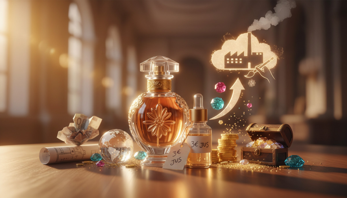 Editorial press photograph illustrating: Pourquoi une bouteille de parfum à 100 € contient pour 3 €