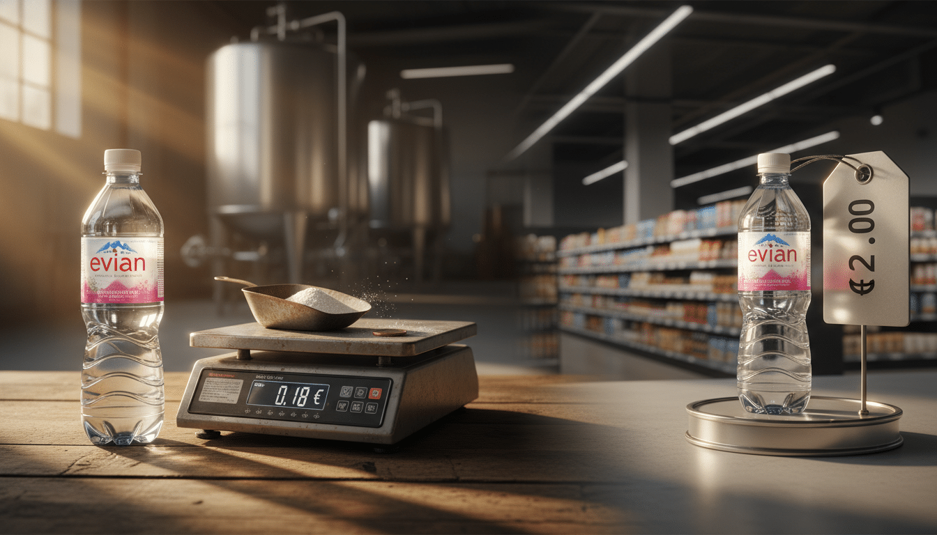 Editorial press photograph illustrating: Pourquoi une bouteille d'eau Evian à 2 € coûte moins de 0,0