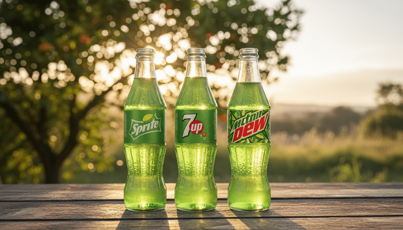 Editorial press photograph illustrating: Sprite, 7UP, Mountain Dew : pourquoi les sodas verts sont t