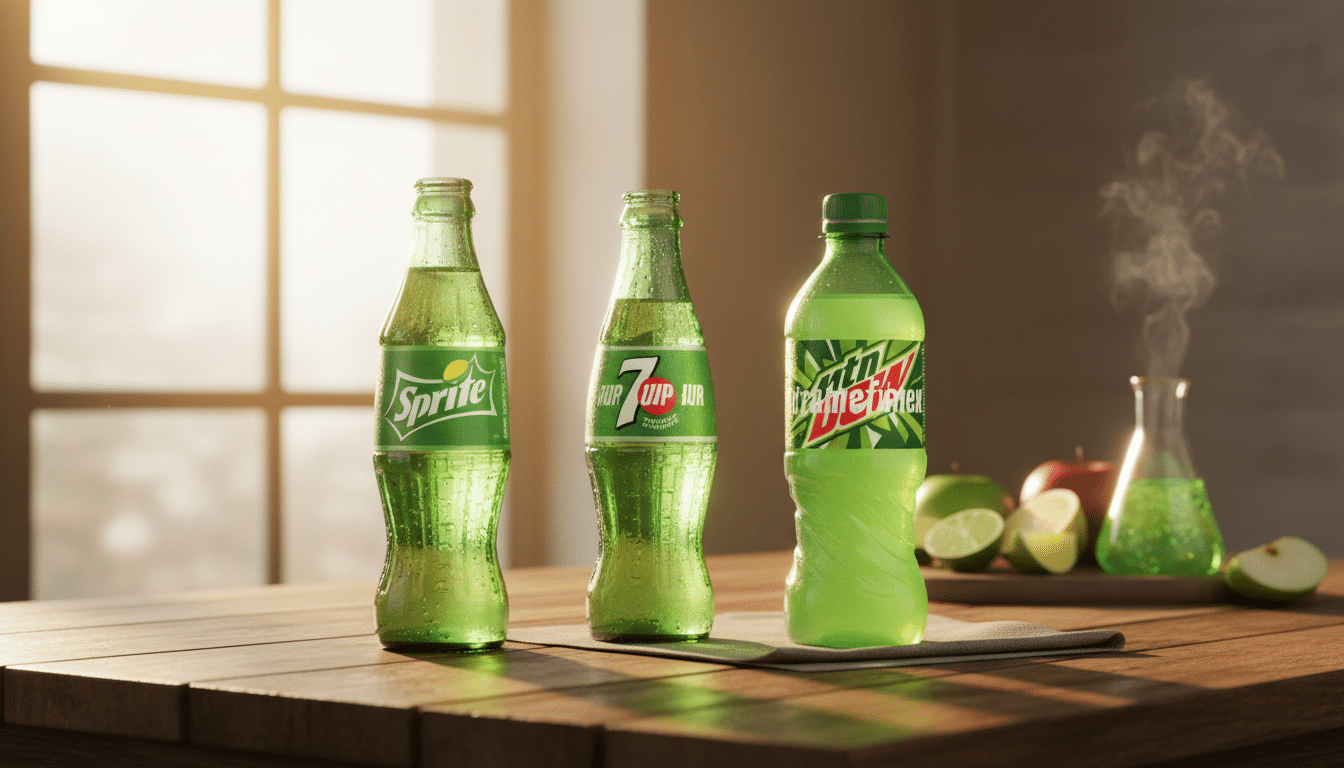 Editorial press photograph illustrating: Sprite, 7UP, Mountain Dew : pourquoi les sodas verts sont t