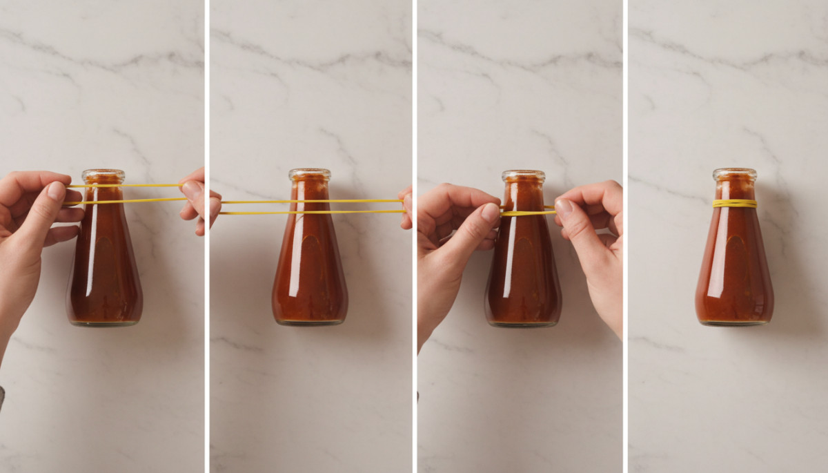 Élastique enroulé autour du goulot d'une bouteille de sauce