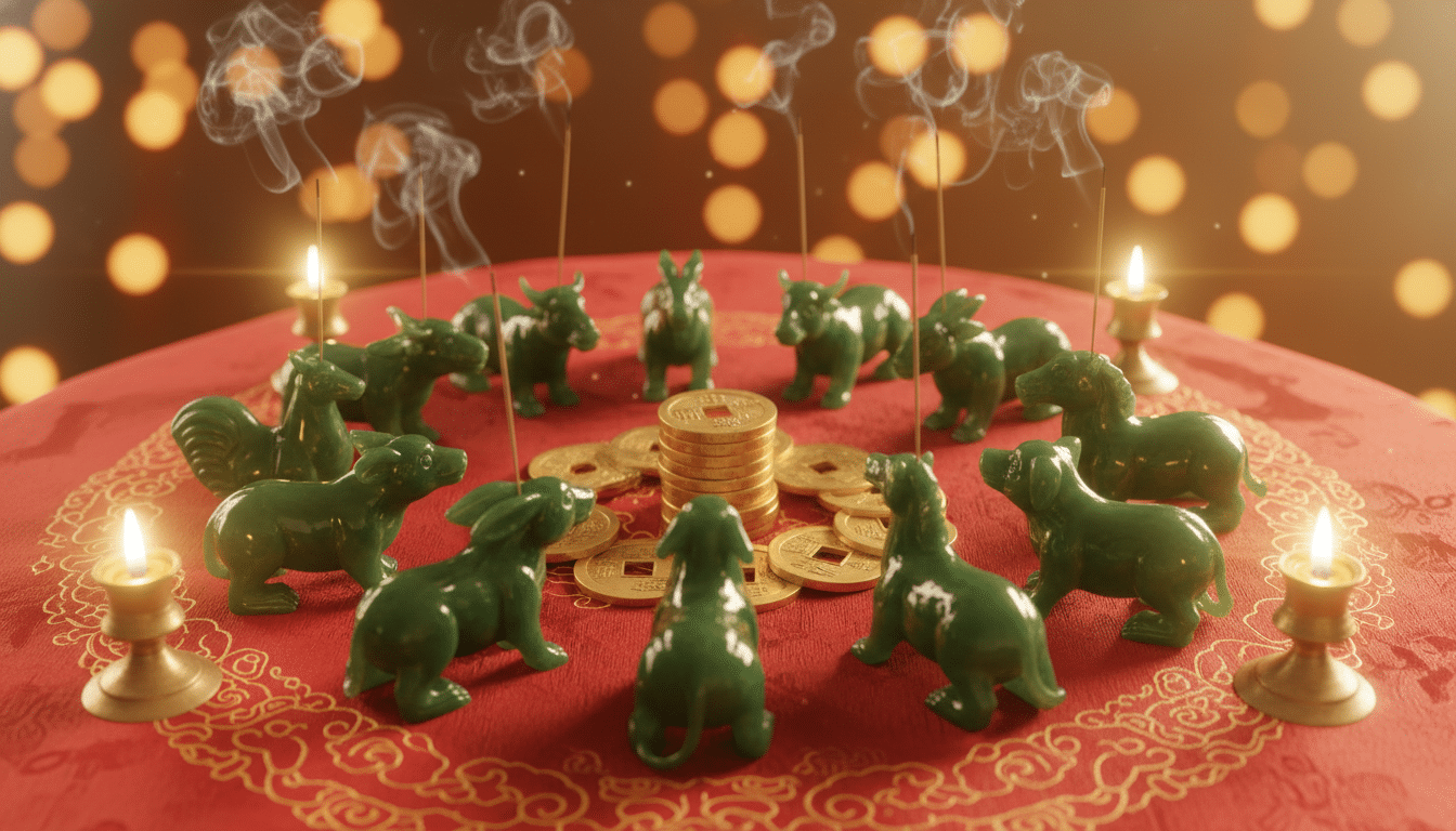 Elegant Chinese astrology scene with jade zodiac animals arranged in a circle on a red silk cloth, g